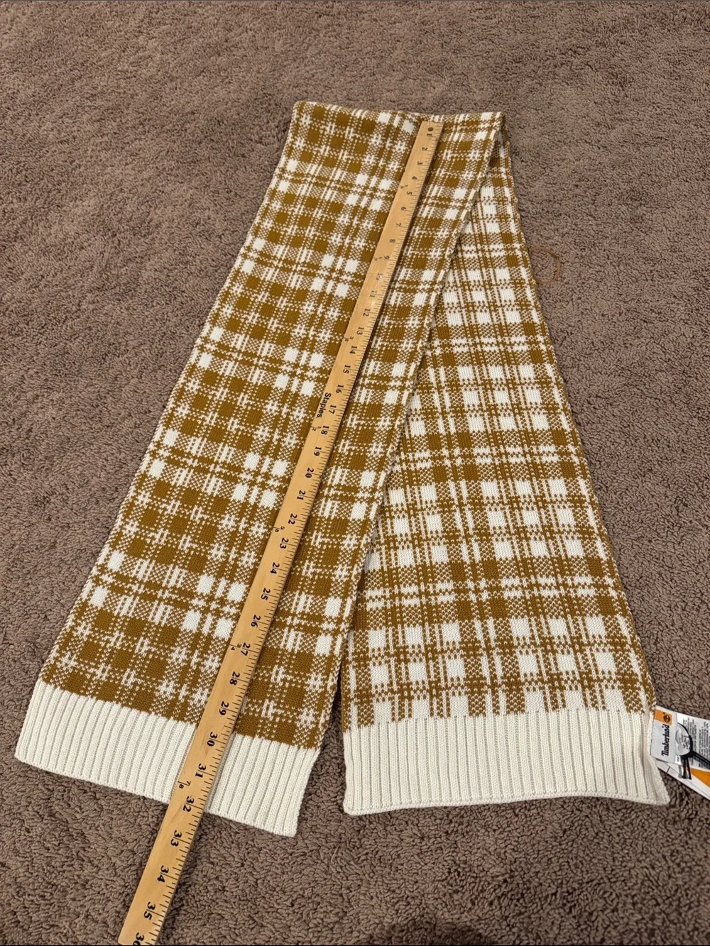 Timberland unisex scarf Plaid Knit Scarf with Ribbed Edge - White & Mustard NEW